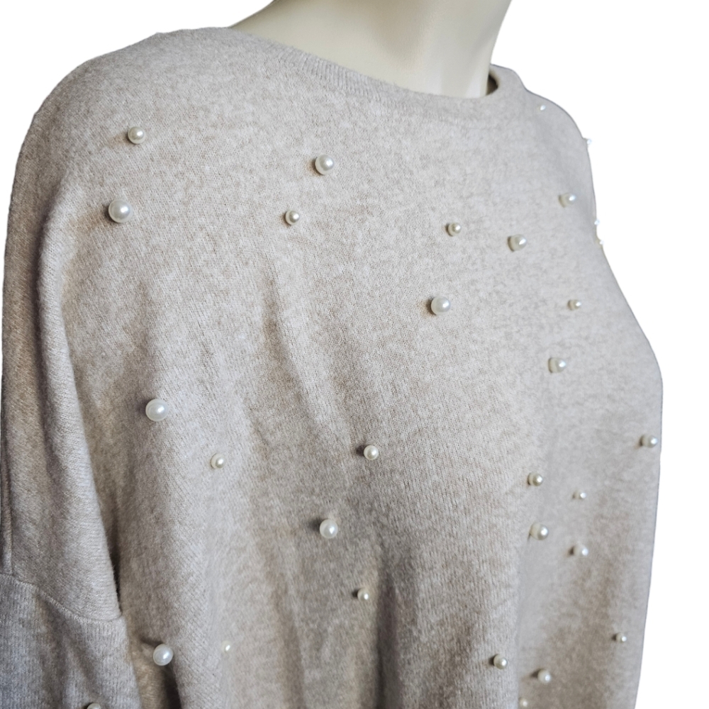 Zara Sweater Beige Tan Knit Pearl Accent Front, Size L - Picture 2 of 6